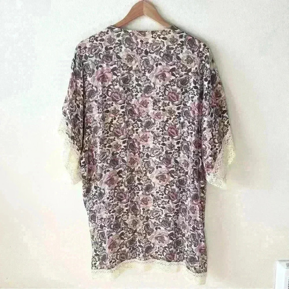 Indigo Rose L Floral Print Open Front Kimono Cardigan Coverup Shirt Crochet Boho - Picture 4 of 5